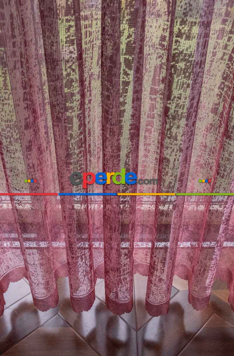Yatak Odası - Modern Pembe Ve Kahverengi Desenli Degrade Geçişli Örme Tül Perde Yüksek Kalite