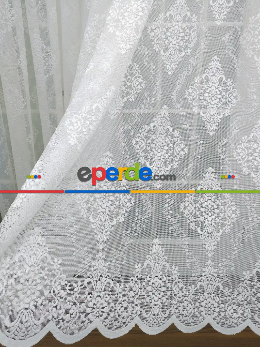Damask Desenli Dantel Tül Perde- Ekru