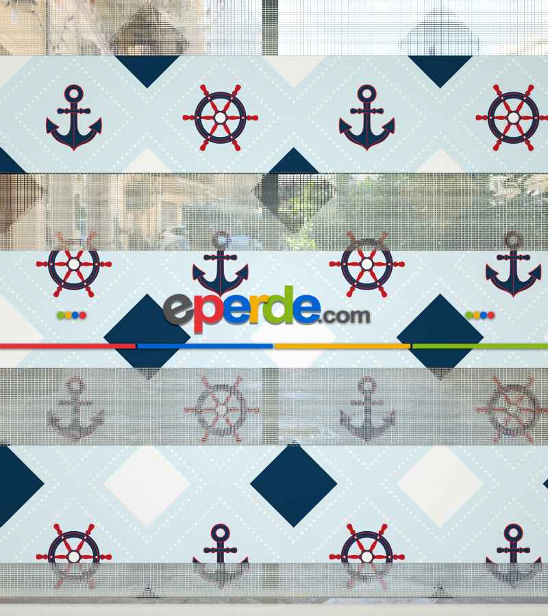 Bebek Odası Zebra Perde - Çapa Desen Baskılı Zebra Perde- Çok Renkli