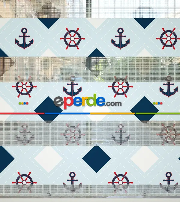 Bebek Odası Zebra Perde - Çapa Desen Baskılı Zebra Perde- Çok Renkli