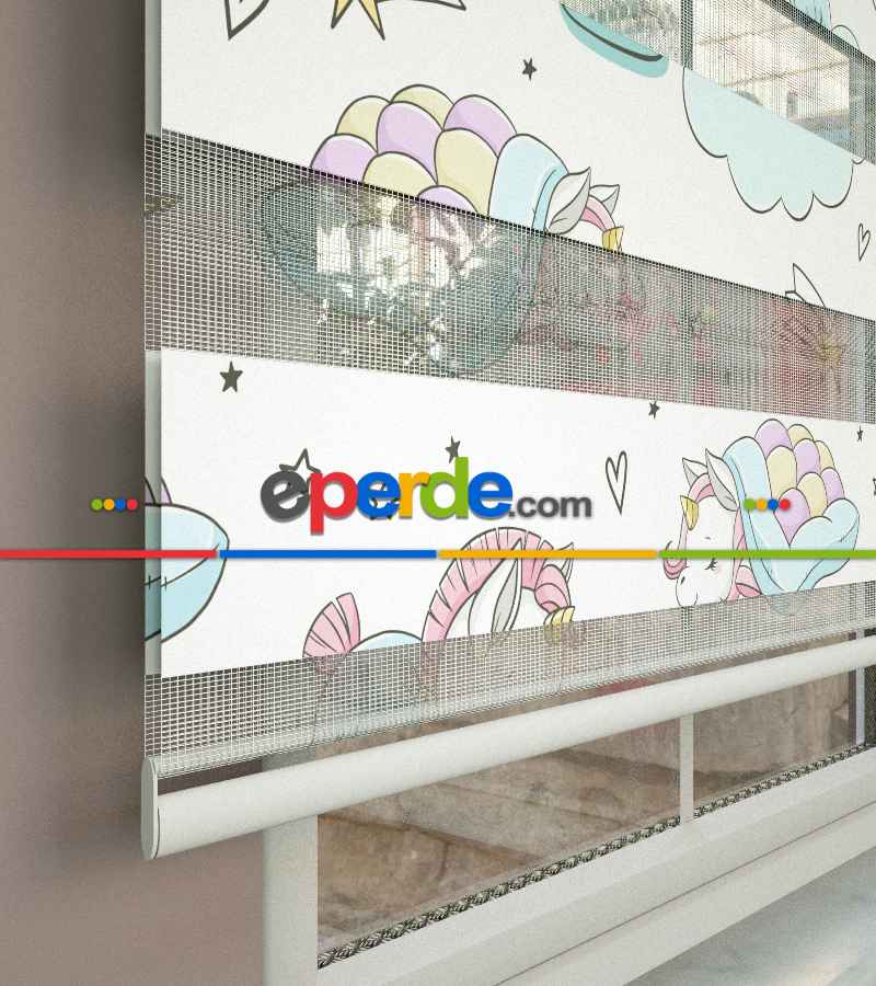 Unicorn Desenli Baskılı Zebra Perde- Çok Renkli