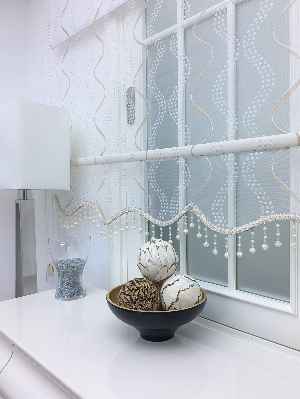 Desenli Çiftli Sistem Tül Stor Perde- Krem-gümüş Simli