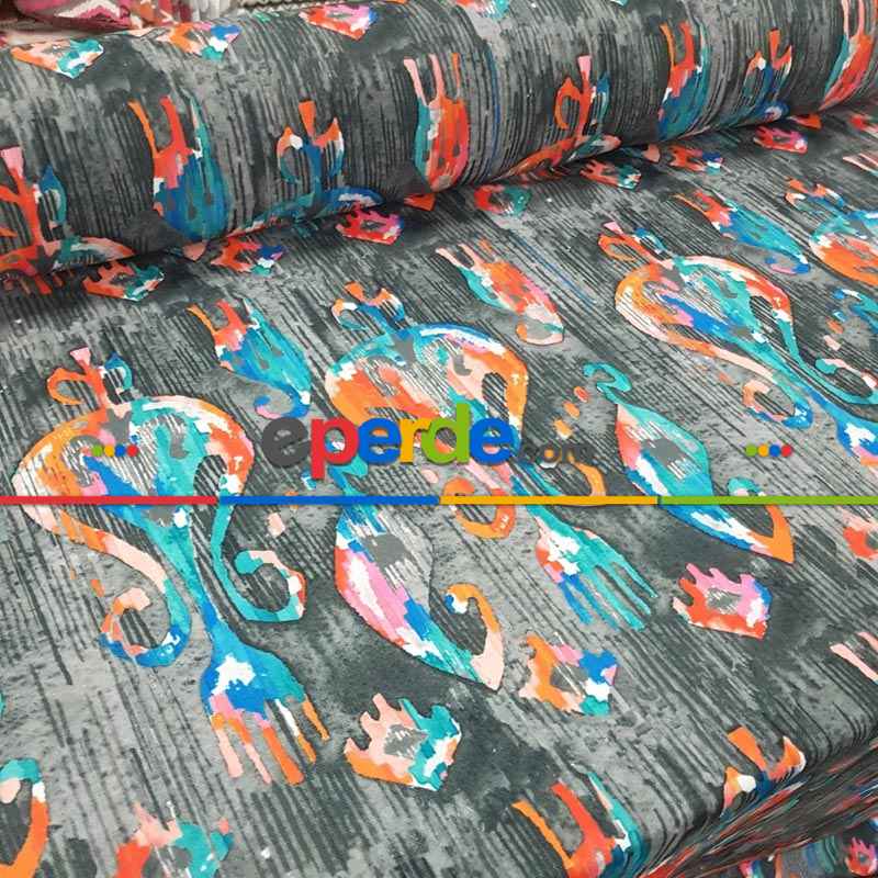 Mutfak Fon Perde Baskılı Evm245- Gri-Füme-Antrasit