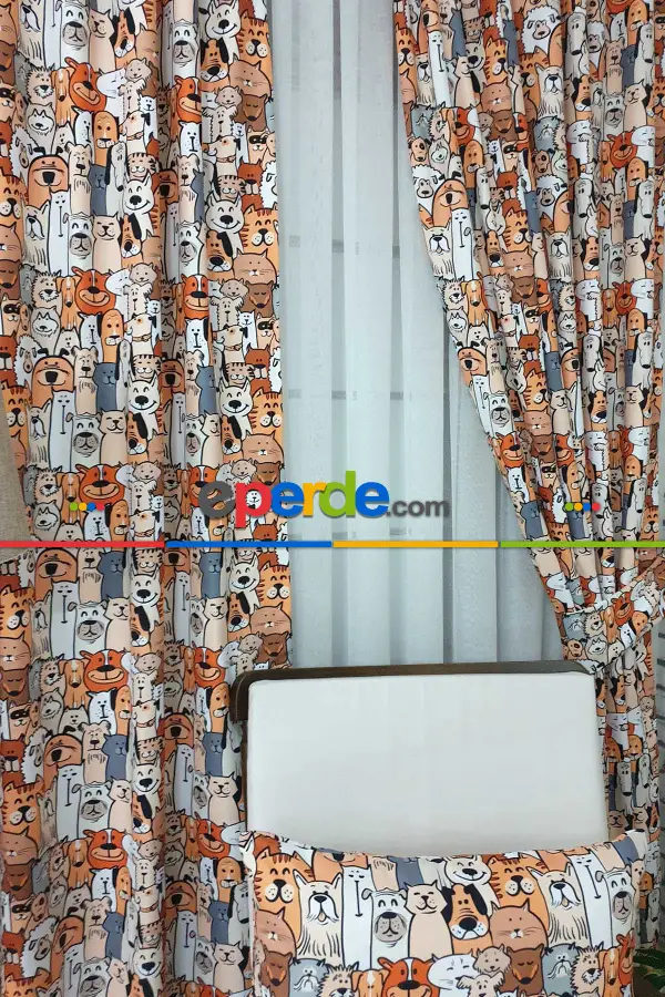 Köpek Resimli Fon Perde K339 H - Kumaşı Kalındır Duck Bezi Değildir.- Gri-Füme-Antrasit-Kahve-Çok Renkli