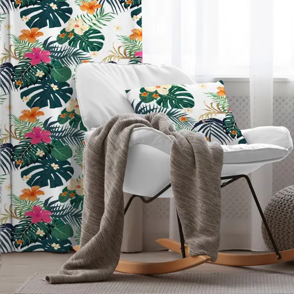 Tropikal Desenli Fon Perde Evim1575 Kumaşı Kalındır Duck Bezi Değildir- Mavi-beyaz