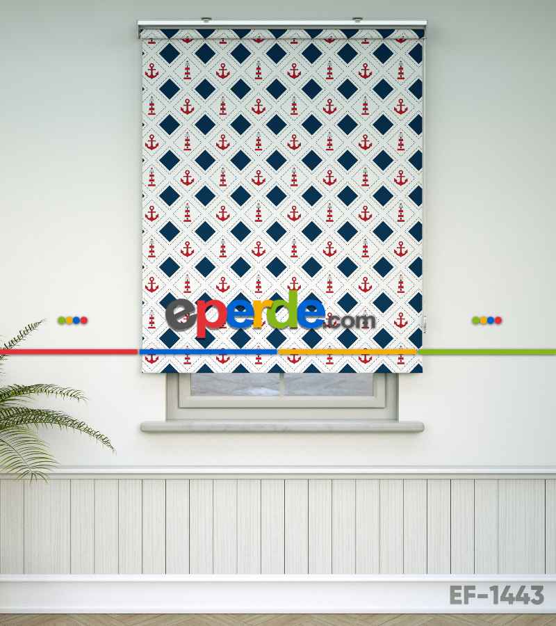 Çapa Desenli Baskılı Stor Perde- Lacivert-kırmızı-çok Renkli