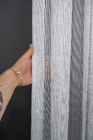 % 50 İndirimli Hazır Ürün Çizgi Gümüş Simli Çelik Sim Çizgili Pırıltılı Işıltılı Tül Tasarım Perde