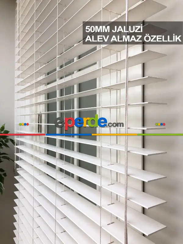 50mm Krem Ahşap Efektli Jaluzi Perde Alev Almaz Özellik- Krem