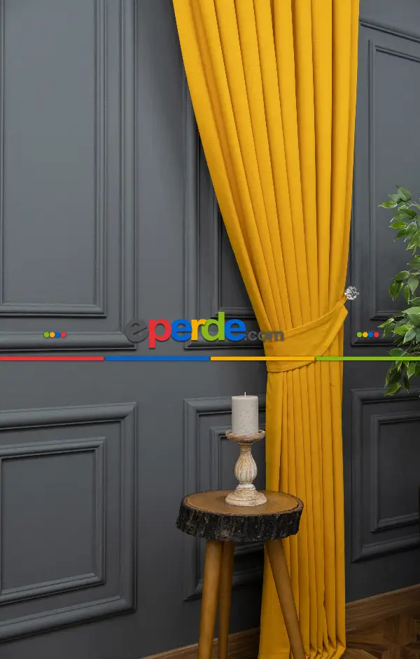 Salon - Sarı Rengi Düz Fon Perde Dökümlü Fon Perde