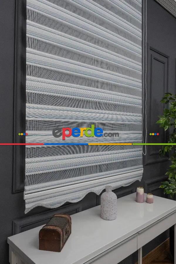 Mavi Krem Gümüş Simli Plise Zebra Perde