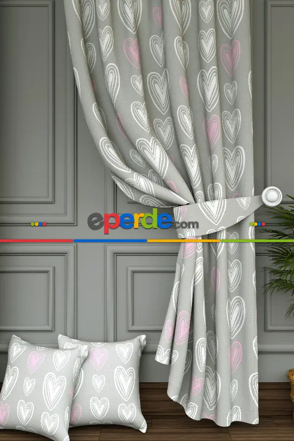 Dökümlü Kumaştan Renkli Kalpler Baskılı Fon Perde- Gri-Füme-Antrasit-Pembe-Ekru