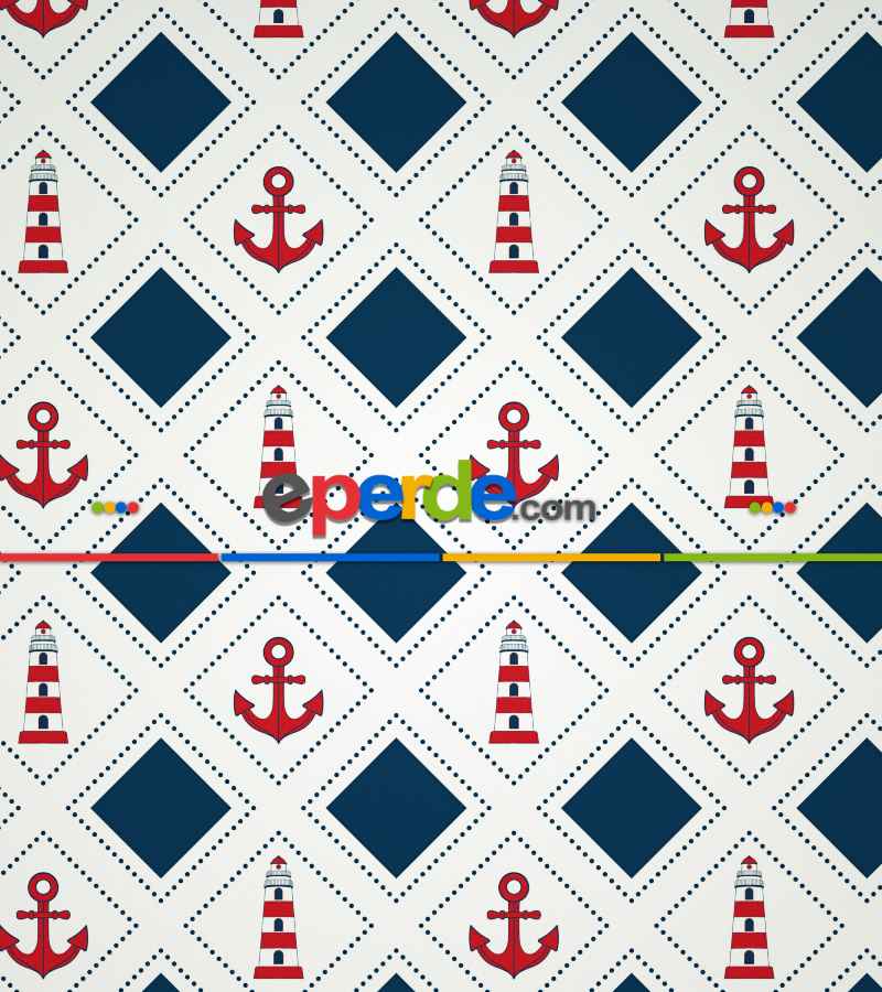 Çapa Desenli Baskılı Stor Perde- Lacivert-kırmızı-çok Renkli