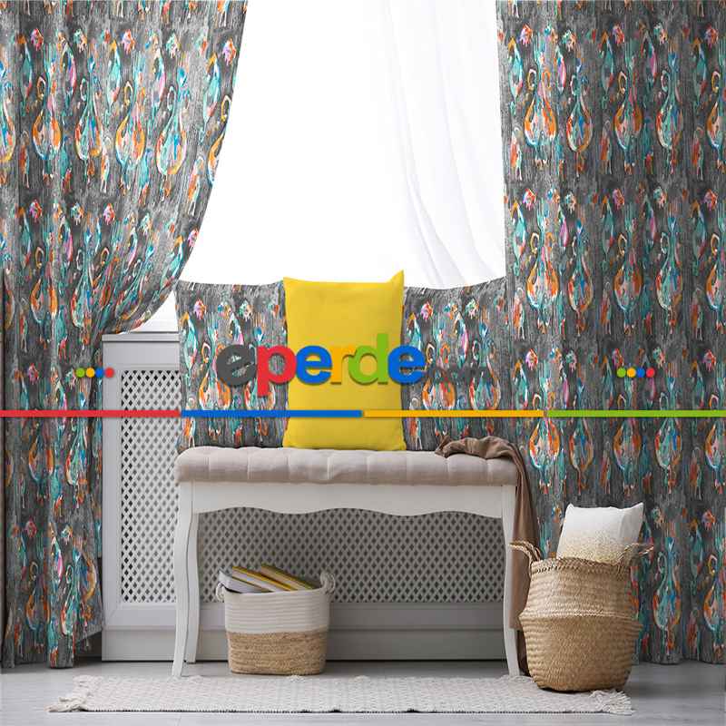 İkat Etnik Desenli Fon Perde Evim245 Kumaşı Kalındır Duck Bezi Değildir- Mavi-beyaz