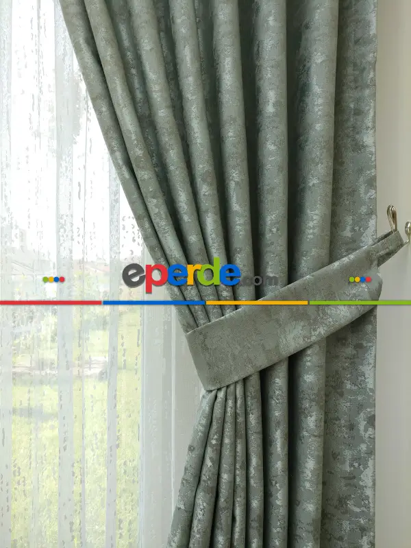 Patine Desenli Mint - Katyonik Jakar Fon Perde- Mint