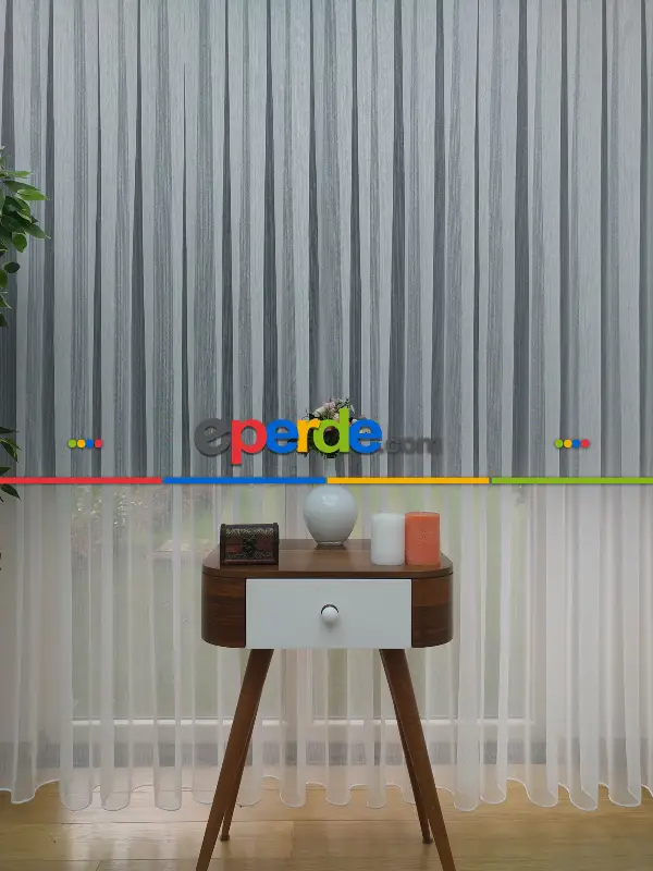 ( Orjinal ) Fantazi İnce Çizgili Tül Perde Kurşunlu Resimdeki Pile 1/3- Ekru - Kurşunlu Tül