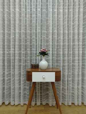 Enine Çizgili Etek Ucu Desenli Tül Perde- Ekru