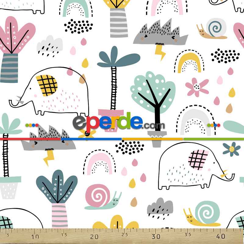 Bebek Odası Fon - Çizim Fil Desenli Fon Perde Evm812 Kumaşı Kalındır Duck Bezi Değildir- Beyaz