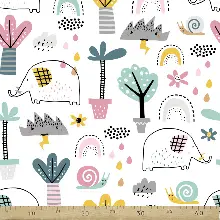 Bebek Odası Fon - Çizim Fil Desenli Fon Perde Evm812 Kumaşı Kalındır Duck Bezi Değildir- Beyaz