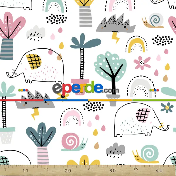 Bebek Odası Fon - Çizim Fil Desenli Fon Perde Evm812 Kumaşı Kalındır Duck Bezi Değildir- Beyaz