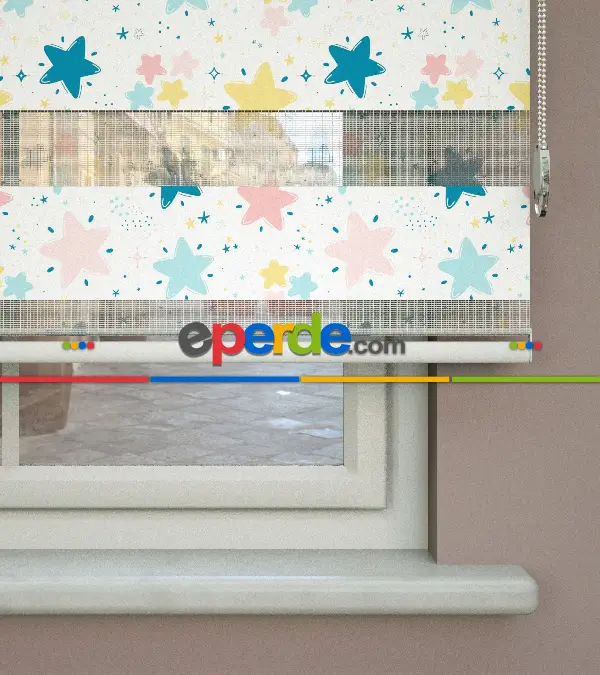 Yıldız Desenli Baskılı Zebra Perde- Çok Renkli