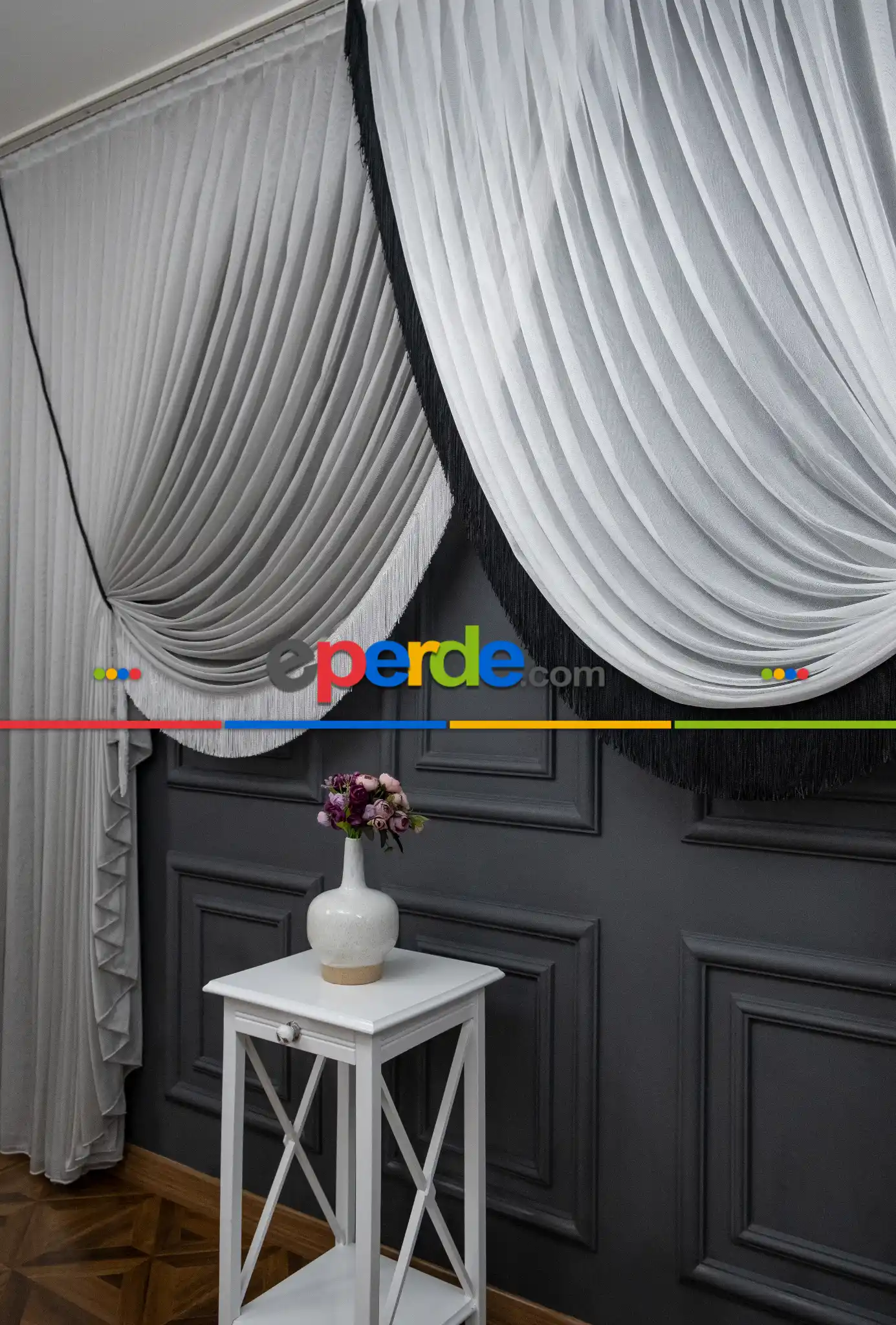 İki Renkli Yalancı Kruvaze - Tülden Fon - Halat İle Yana Toplamalı Tül - Kordon Toplama Tül - Çift Veya Tek Kanat - Püsküllü - Gri Ve Ekru Zemin, Siyah Ve Ekru Saçak Kombini