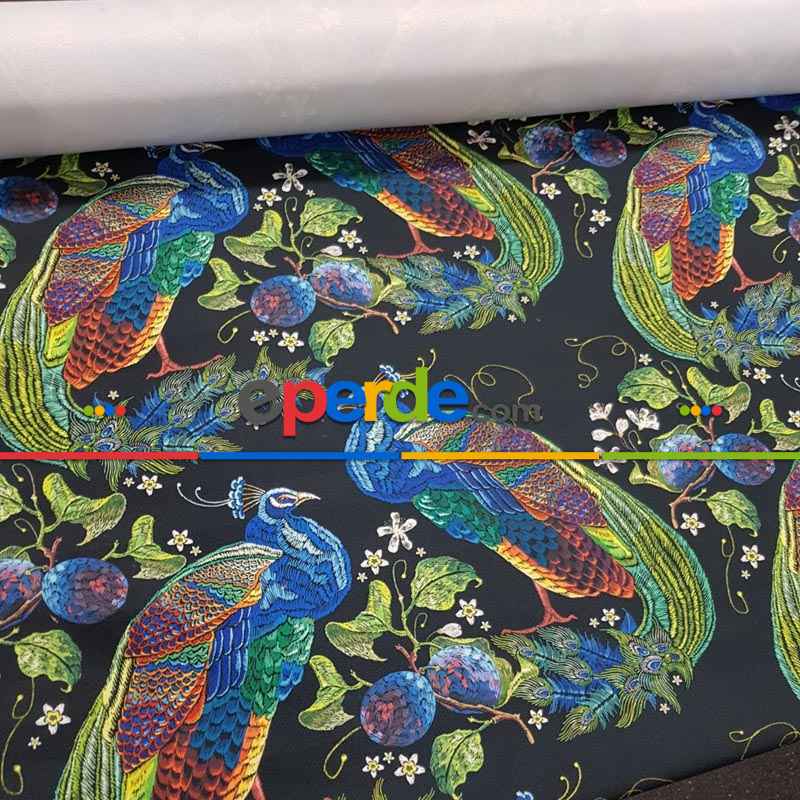 Tavuskuşu Desenli Fon Perde Evm315 -t - Kumaşı Kalındır Duck Bezi Değildir.- Siyah-Yeşil-Mavi-Çok Renkli