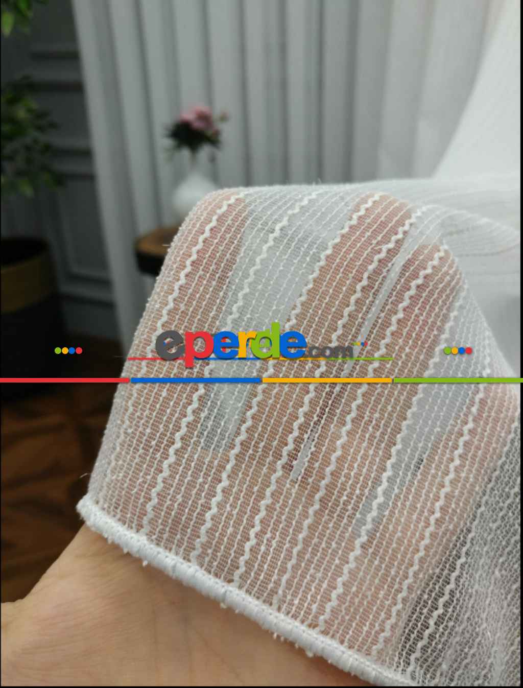 Yeni Sezon Simli Çizgili Tül Perde- Ekru - Kurşunlu Tül