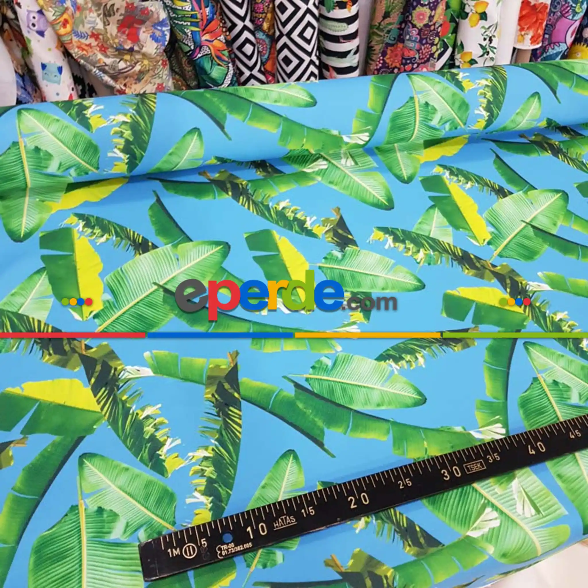 Tropikal Desenli Fon Perde Evm436 -t - Kumaşı Kalındır Duck Bezi Değildir.- Yeşil-Mavi