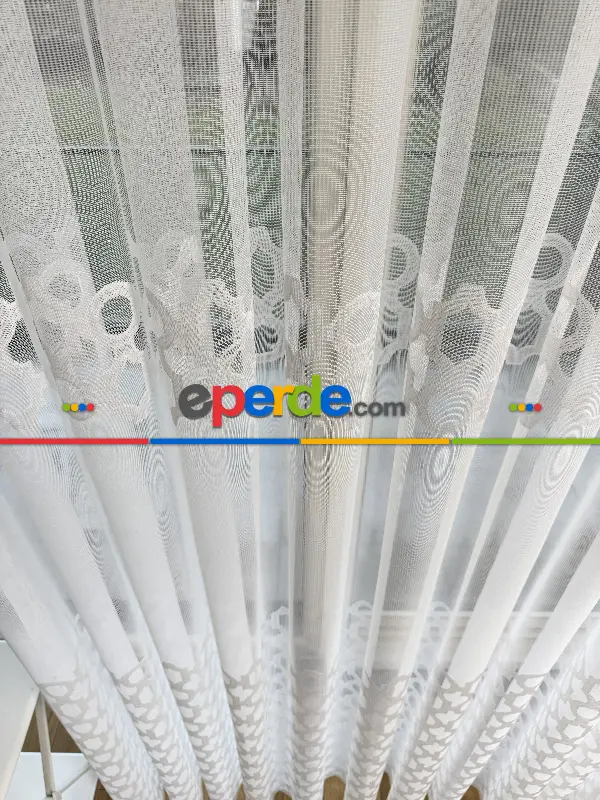 Salon - Desenli Fransız Dantel Örme Tül Perde, Desenli Ütü İstemeyen Tül