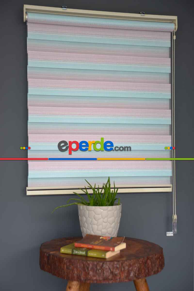 Halim Perdesan Zn-23 Gül Kurusu & Turkuaz Renk Etekli Veya Eteksiz Zebra Stor Perde