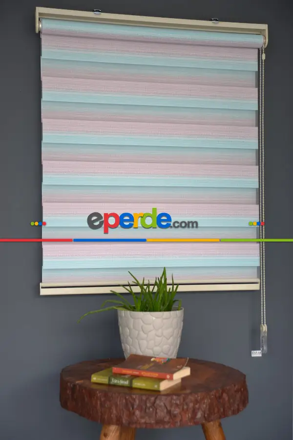 Halim Perdesan Zn-23 Gül Kurusu & Turkuaz Renk Etekli Veya Eteksiz Zebra Stor Perde