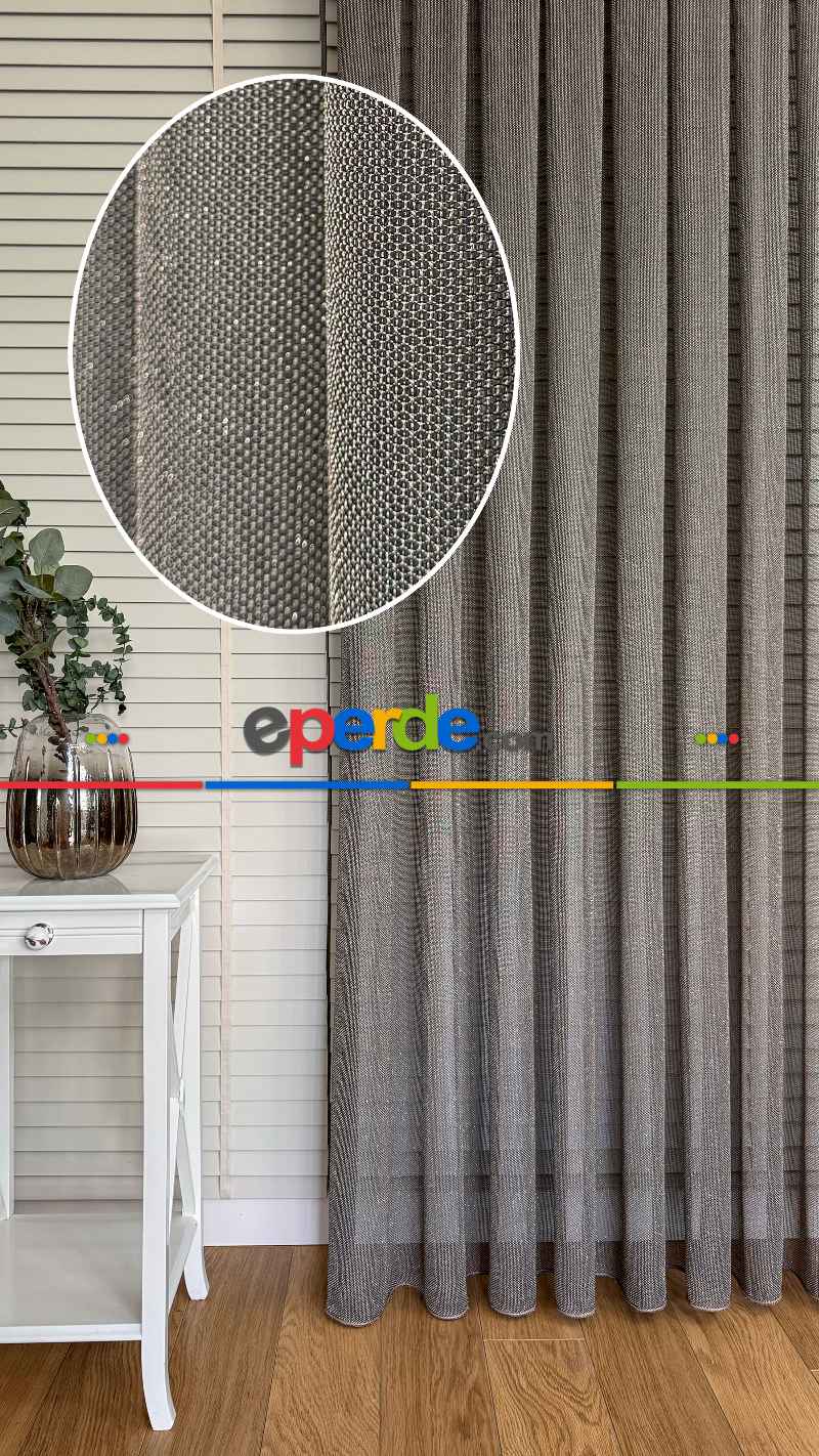 Kahverengi Keten Gümüş Simli Tül Perde - Ağır Gramajlı Premium