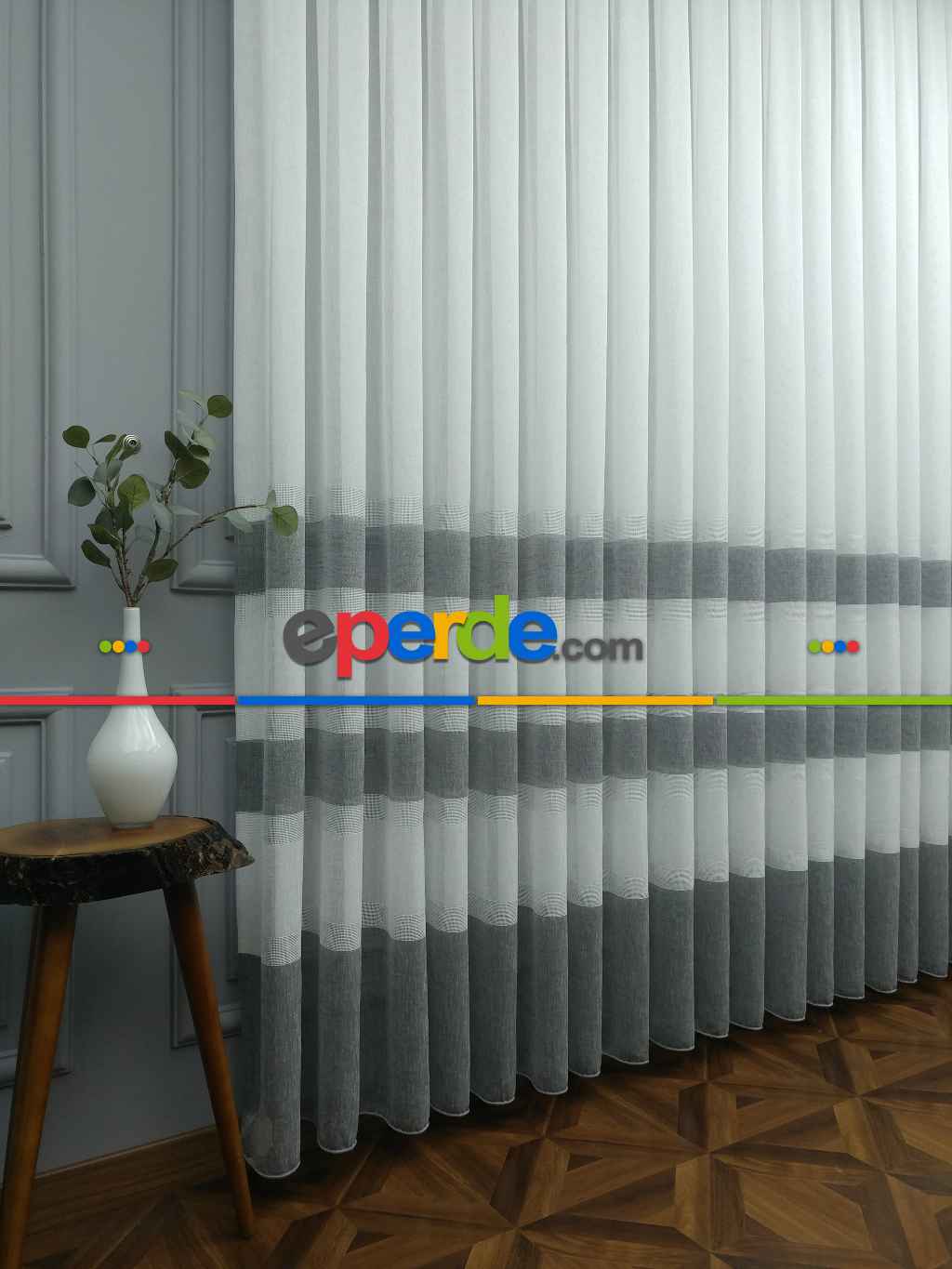 2021 Sezonu - Düz Tül - Keten Gri Bantlı Tül - Ütü İstemez- Gri-füme-antrasit-ekru