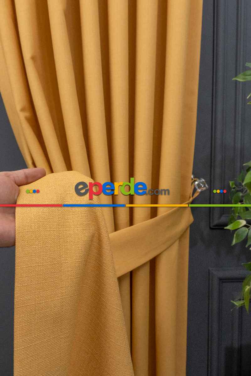 Oturma Odası Keten Sarı Renk Düz Fon Perde- Hardal
