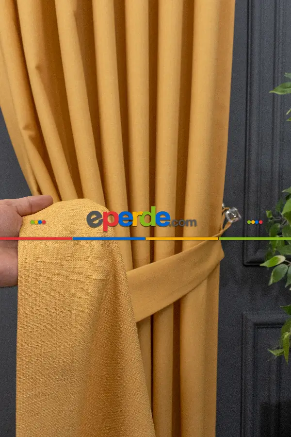 Yatak Odası - Keten Sarı Renk Düz Fon Perde- Hardal