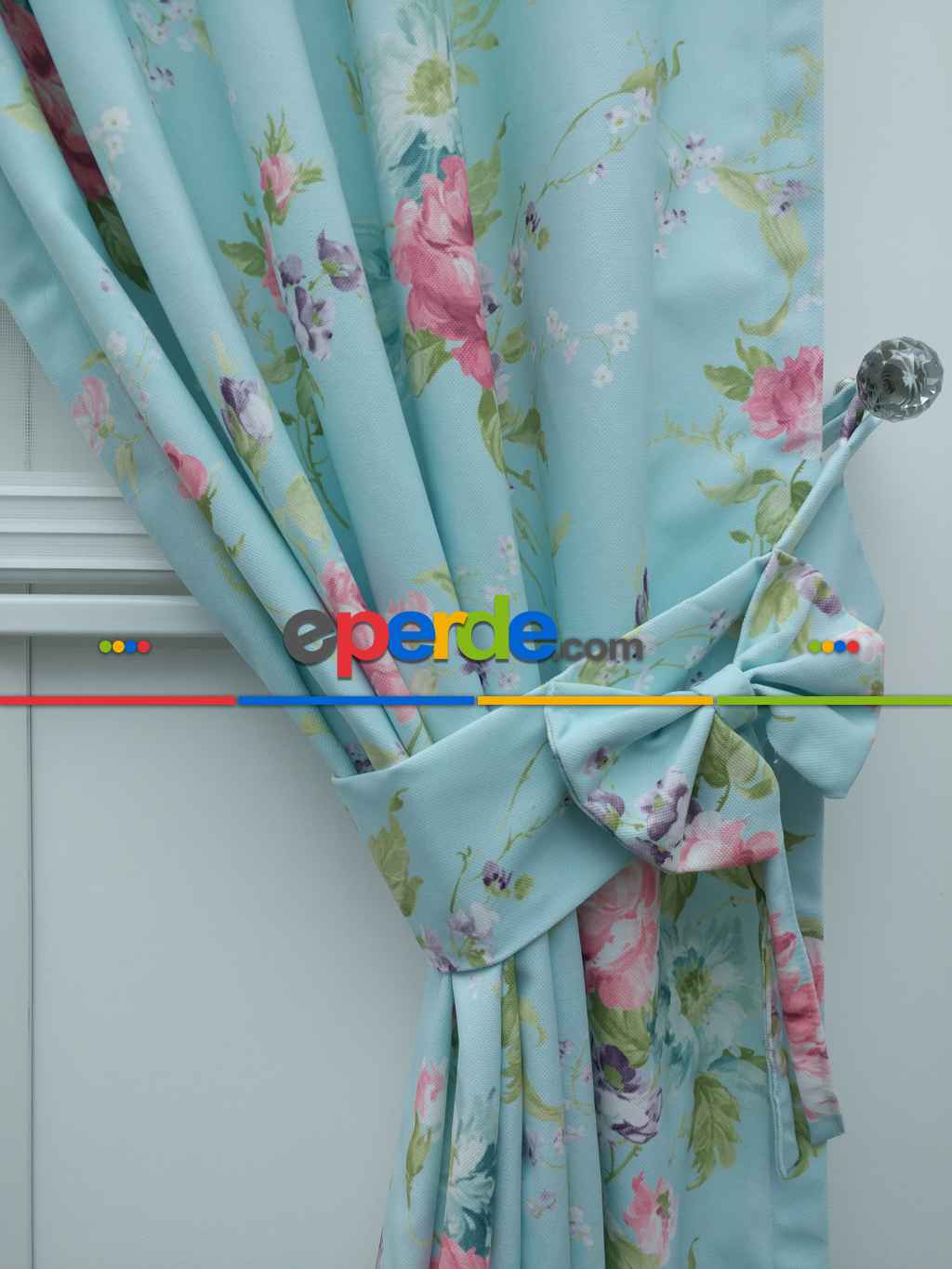 Mutfak Perdesi Kanat Fon Perde Çiçek Desenli Fiyonklu- Yeşil