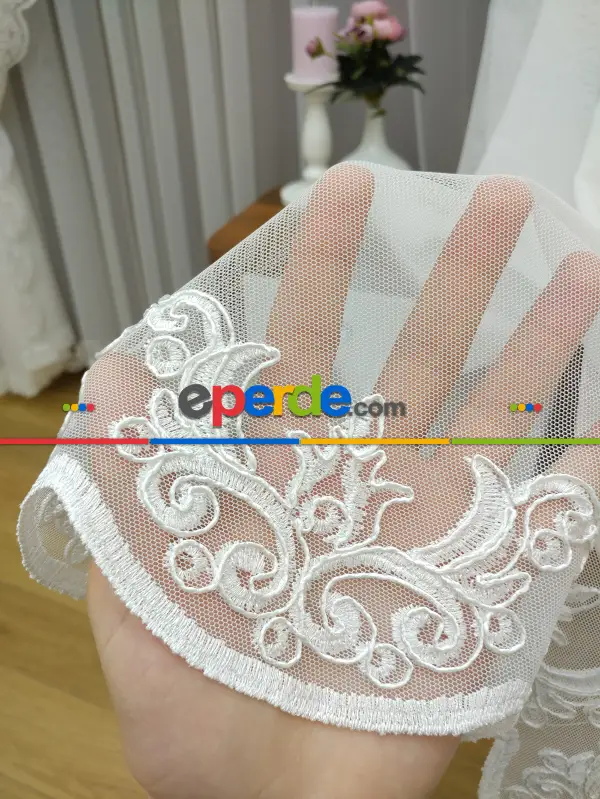 Fansız Dantel Fon Perde Etek Ucu Nakış (güpür ) İşlemeli - 8 (kombin İçin Açıklamayı Okuyunuz)- Ekru