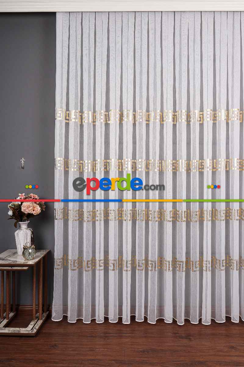 Yatak Odası - Enine Bantlı Ekru-gold Detaylı Tt Zemin Tül Perde