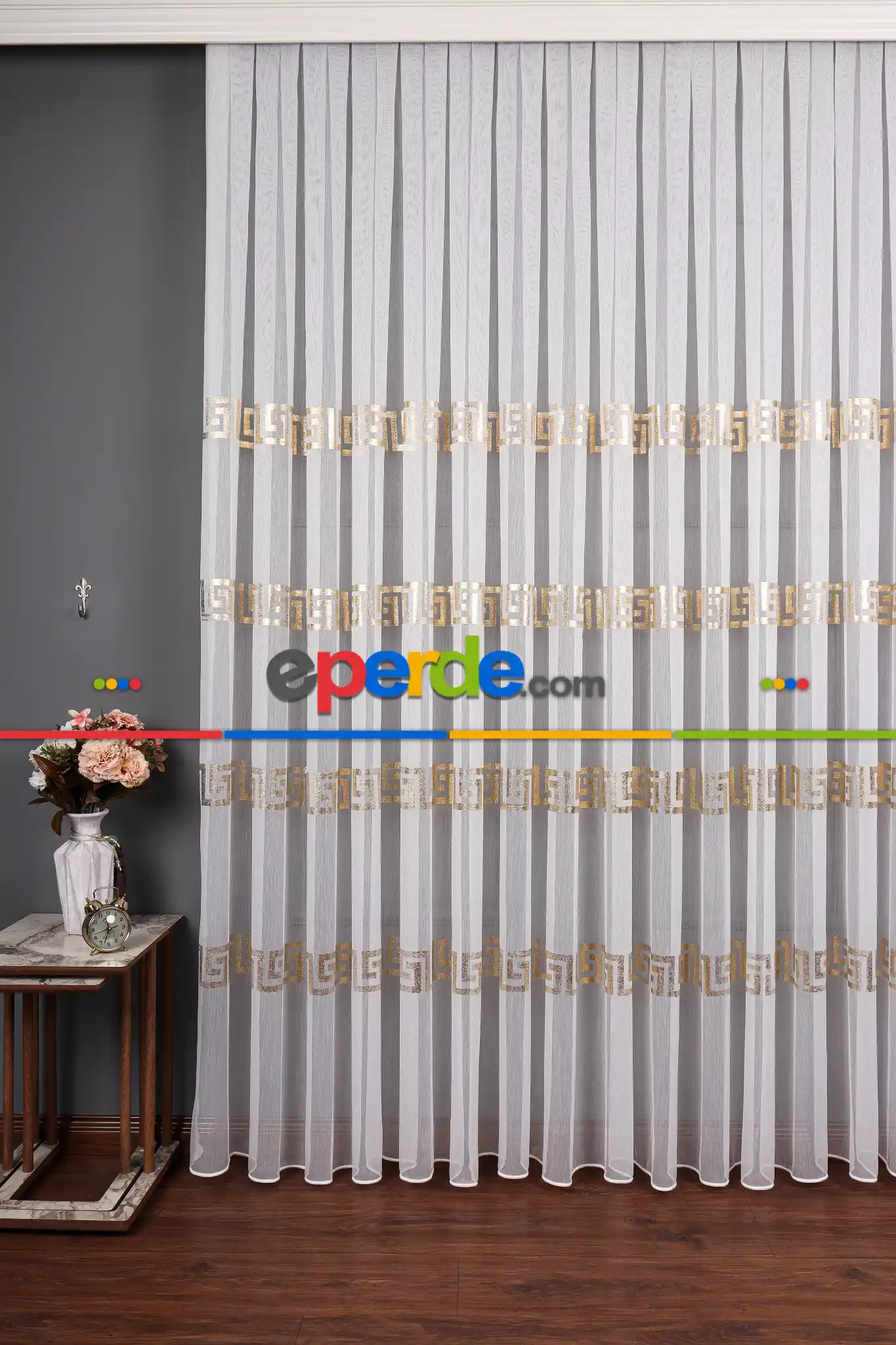 Enine Bantlı Ekru-gold Detaylı Tt Zemin Tül Perde