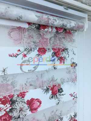 %40 Indirimli !!! Çiçek Desen Pembe-gri Zebra Perde- Siyah-füme-fuşya