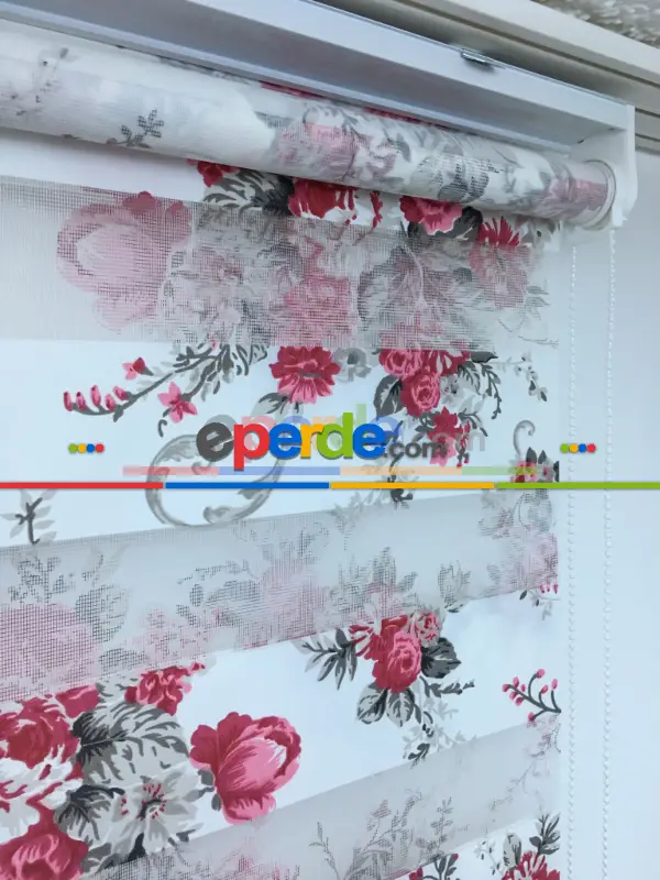 %40 Indirimli !!! Çiçek Desen Pembe-gri Zebra Perde- Siyah-füme-fuşya