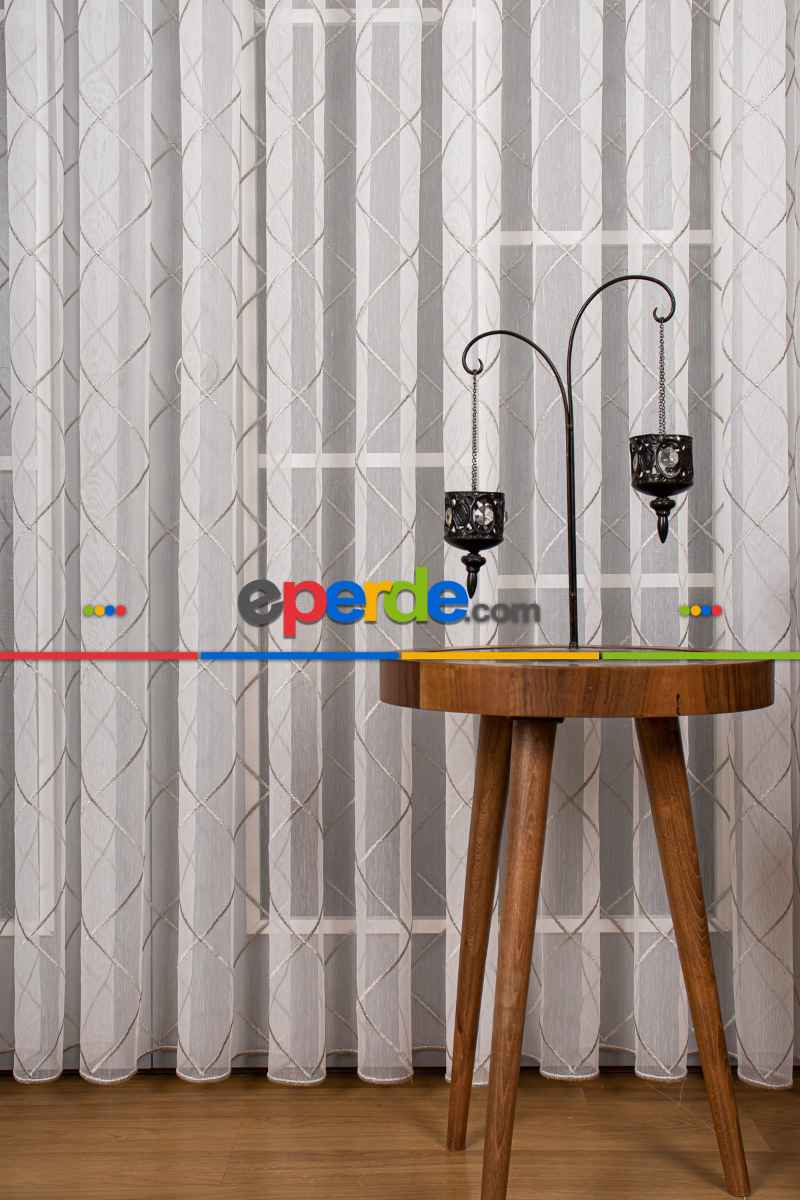 Salon Tül - Geometi Nakış Işlemeli Tül Perde Ekru - Gümüş Simli