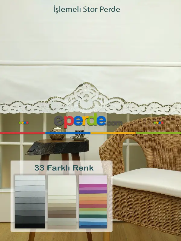 Yatak Odası - Nakış İşlemeli Stor Perde 33 Farklı Renk Seçeneği- Gri-füme-antrasit-beyaz-krem-ekru-çok Renkli
