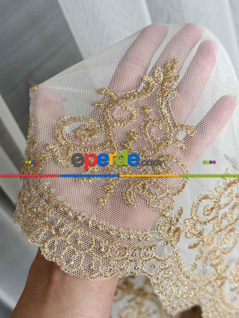 Arne Desen Gold Etek İşlemeli Sade Düz Desen Tasarım Tül Perde