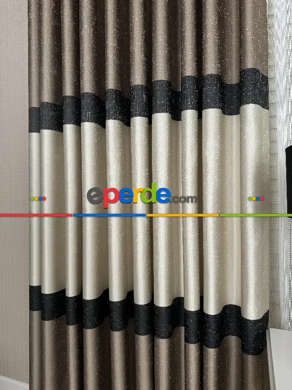 Yatak Odası - Kahveregi Krem Siyah Jakar Dokuma Fon Perde, Parlak Zemin