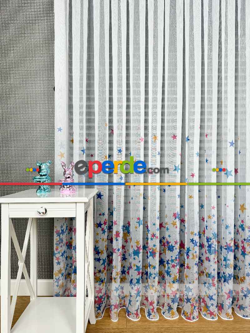 Bebek Odası Tül Perde - Çok Renkli Yıldız Baskılı Tül Perde, Çocuk-bebek Odası, Premium Seri