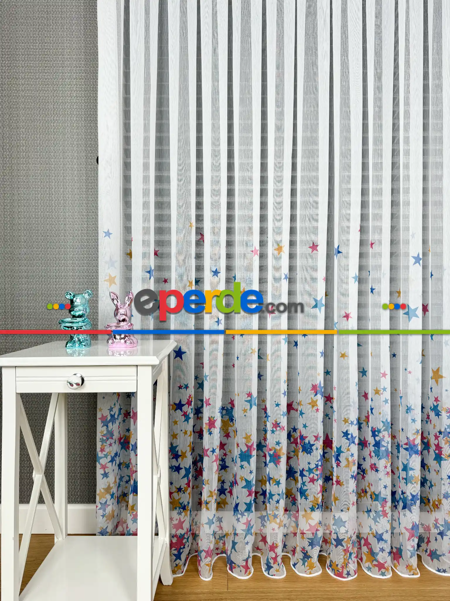 Bebek Odası Tül Perde - Çok Renkli Yıldız Baskılı Tül Perde, Çocuk-bebek Odası, Premium Seri