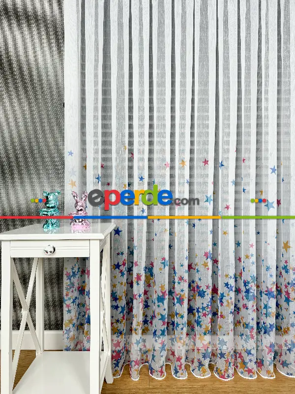 Bebek Odası Tül Perde - Çok Renkli Yıldız Baskılı Tül Perde, Çocuk-bebek Odası, Premium Seri