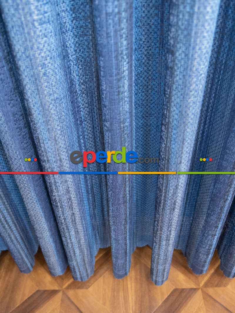 Modern Mavi Desenli Degrade Geçişli Tül - Örme Dantel Tül