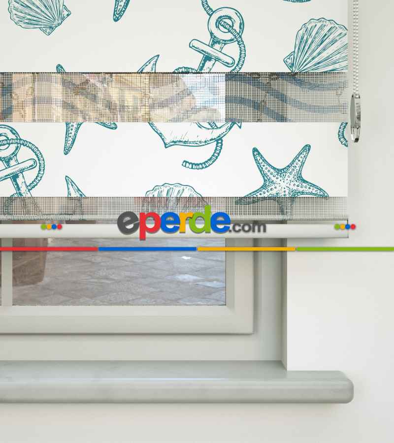 Çocuk Odası Zebra Perde - Gemivi Baskılı Zebra Perde- Beyaz-Turkuaz-Su Yeşili